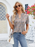 Ruched Printed Notched Short Sleeve Top • More Colors