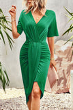 Surplice Neck Dropped Shoulder Ruched Dress • More Colors