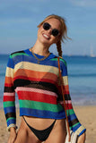 Rainbow Stripe Openwork Long Sleeve Cover-Up/Top