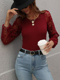 Lace Sleeve Round Neck Ribbed Top • More Colors