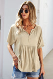 Buttoned Notched Neck Short Sleeve Top • More Colors