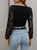 Lace Sleeve Round Neck Ribbed Top • More Colors