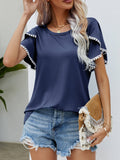 Pom-Pom Trim Flutter Sleeve Round Neck Tee • More Colors