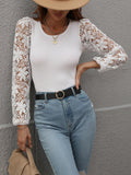 Lace Sleeve Round Neck Ribbed Top • More Colors