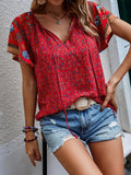 Printed Short Sleeve Tie Neck Blouse • More Colors