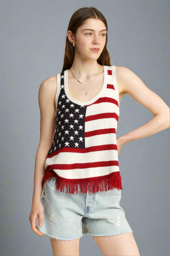 Jade By Jane American Flag Fringe Tank Top