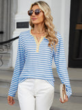 Striped Notched Long Sleeve T-Shirt • More Colors