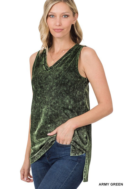 MINERAL WASH SLEEVELESS V-NECK TOP WITH SIDE SLIT • MORE COLORS