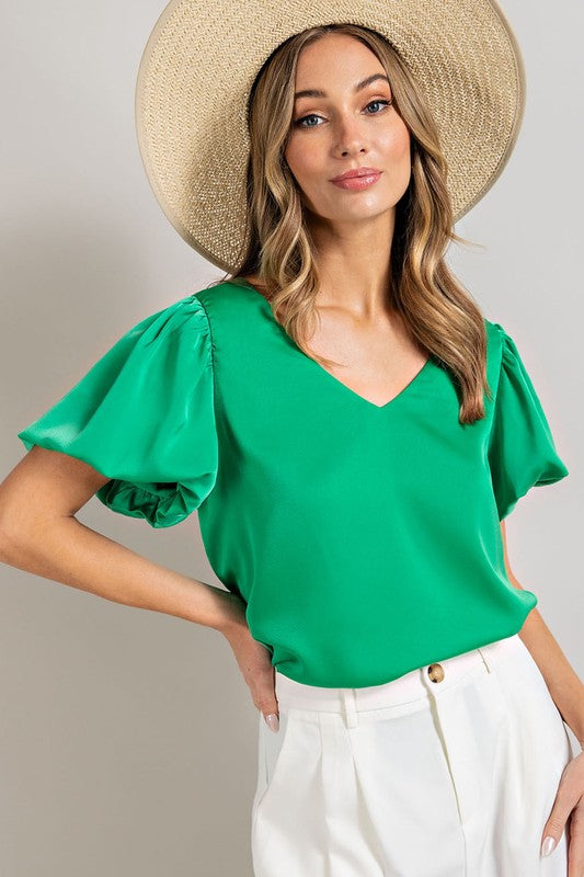V-NECK PUFF SLEEVE BLOUSE TOP • More Colors