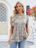 Ruched Printed Notched Short Sleeve Top • More Colors