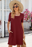 Pocketed Square Neck Short Sleeve Dress • More Colors