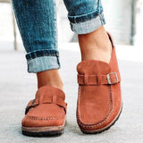 Round Toe Low Heel Buckle Slip On Shoes • More Colors