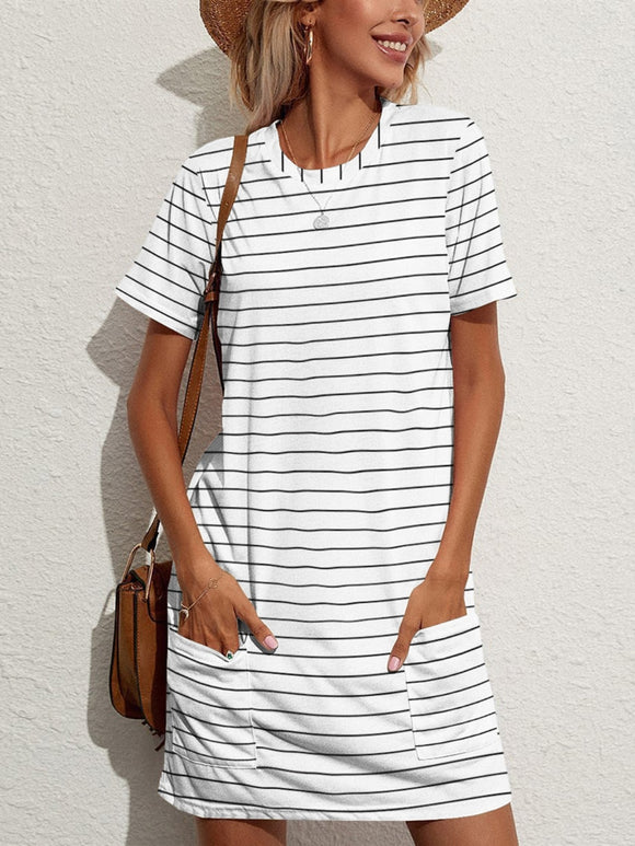 Pocketed Striped Round Neck Short Sleeve Dress • More Colors