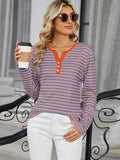Striped Notched Long Sleeve T-Shirt • More Colors