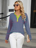 Striped Notched Long Sleeve T-Shirt • More Colors