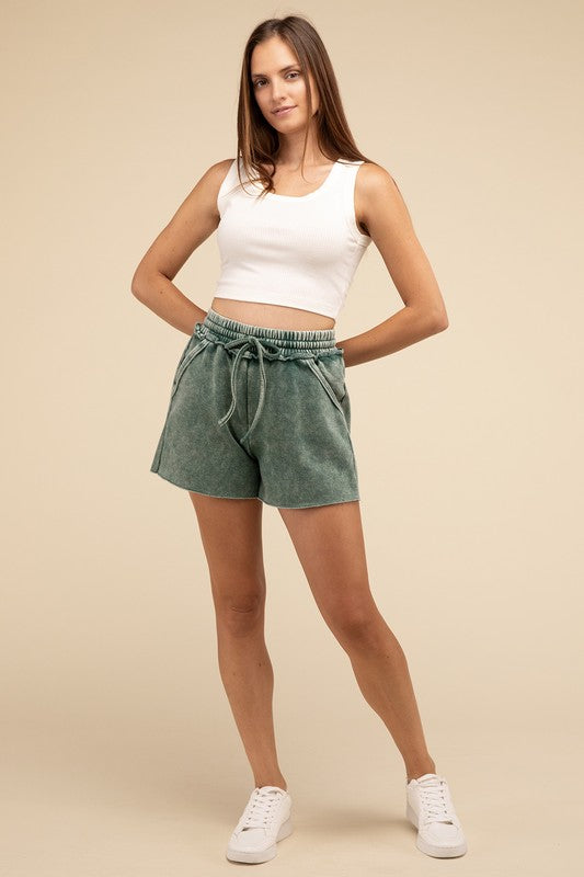 Acid Wash Fleece Drawstring Shorts with Pockets • More Colors