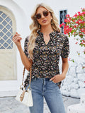 Ruched Printed Notched Short Sleeve Top • More Colors