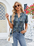 Ruched Printed Notched Short Sleeve Top • More Colors
