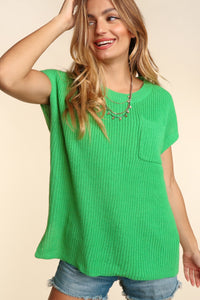 Pocketed Round Neck Cap Sleeve Knit Top