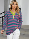 Striped Notched Long Sleeve T-Shirt • More Colors