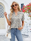 Ruched Printed Notched Short Sleeve Top • More Colors