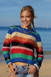 Rainbow Stripe Openwork Long Sleeve Cover-Up/Top