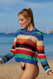 Rainbow Stripe Openwork Long Sleeve Cover-Up/Top