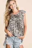 Leopard Knit Gathered Top With Ruffles