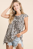 Leopard Knit Gathered Top With Ruffles