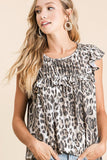 Leopard Knit Gathered Top With Ruffles