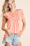 Jersey Knit Gathered Top With Ruffles in Coral