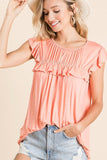 Jersey Knit Gathered Top With Ruffles in Coral