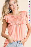 Jersey Knit Gathered Top With Ruffles in Coral