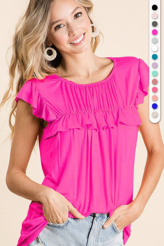 Jersey Knit Gathered Top With Ruffles in Fuchsia
