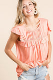 Jersey Knit Gathered Top With Ruffles in Coral