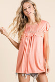 Jersey Knit Gathered Top With Ruffles in Coral
