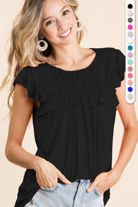 Jersey Knit Gathered Top With Ruffles in Black