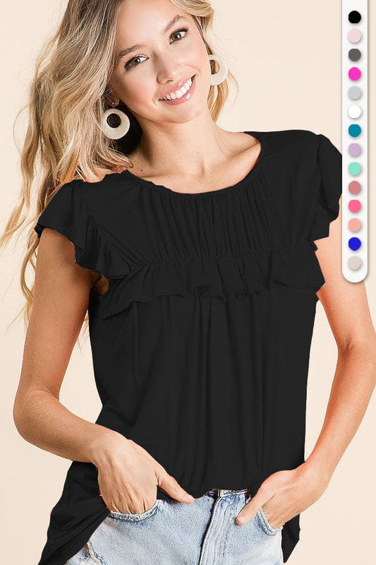 Jersey Knit Gathered Top With Ruffles in Black