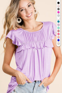 Jersey Knit Gathered Top With Ruffles in Lavender