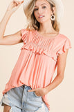 Jersey Knit Gathered Top With Ruffles in Coral
