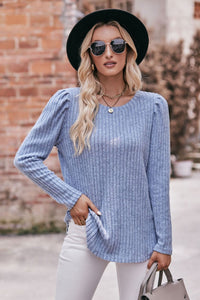 Round Neck Puff Sleeve Ribbed Top • More Colors
