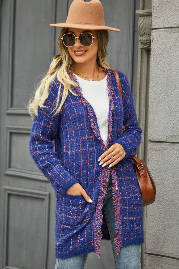 Plaid Fringe Trim Open Front Longline Cardigan • More Colors