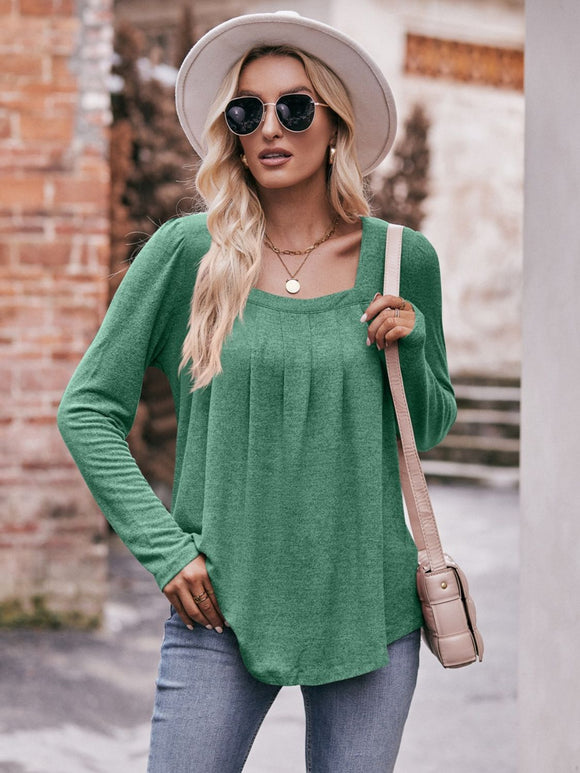 Pleated Detail Curved Hem Long Sleeve Top • More Colors