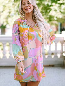 Printed Tie Neck Long Sleeve Tunic/Dress