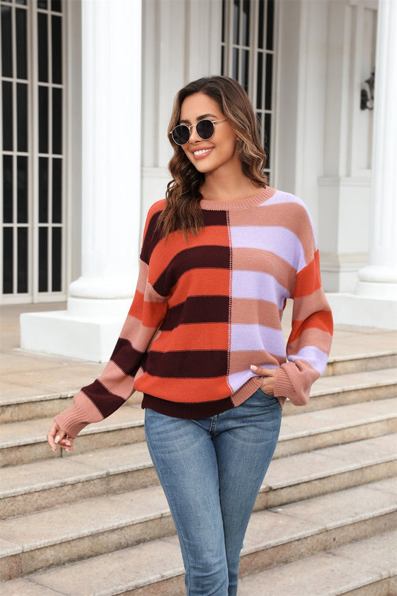 Round Neck Long Sleeve Color Block Dropped Shoulder Pullover Sweater • More Colors