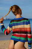 Rainbow Stripe Openwork Long Sleeve Cover-Up/Top