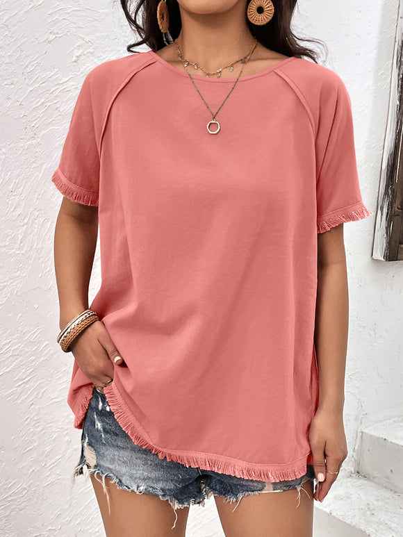 Round Neck Raglan Sleeve Fringe Detail Top • More Colors