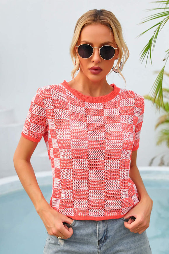 Checkered Short Sleeve Knit Top • More Colors