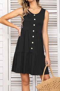 Decorative Button Scoop Neck Sleeveless Tiered Dress • More Colors