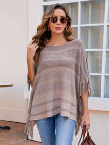 Striped Boat Neck Poncho with Fringe  • More Colors